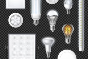 Realistic led lamps of different shape and size set isolated on transparent background vector illustration