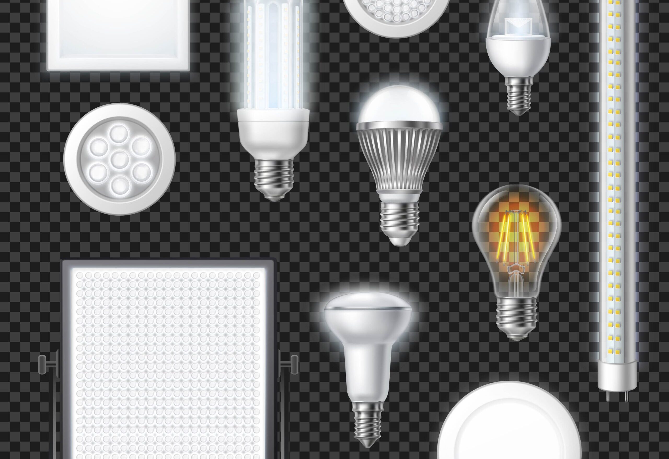 Realistic led lamps of different shape and size set isolated on transparent background vector illustration